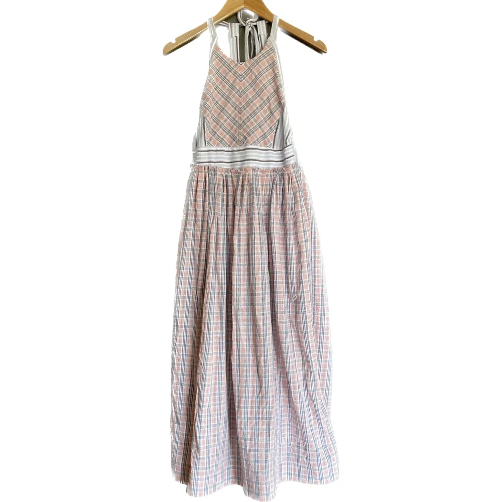 Free People Color Theory Midi Dress Pink Combo Size XS Plaid Backless Sleeveless